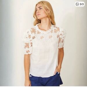 White Lace Puff-Sleeve Blouse with Crochet Yoke